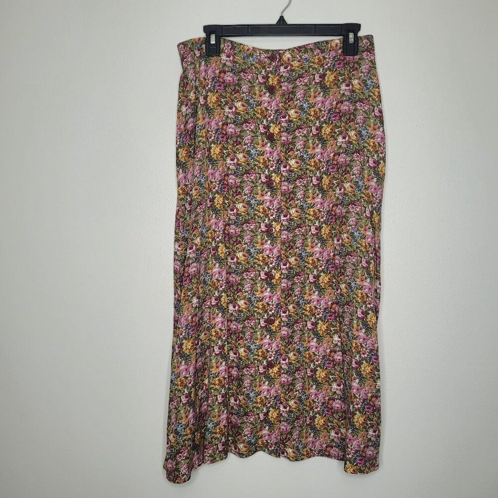 Vintage y2k pink orange floral button front midi maxi cottage romantic skirt 10